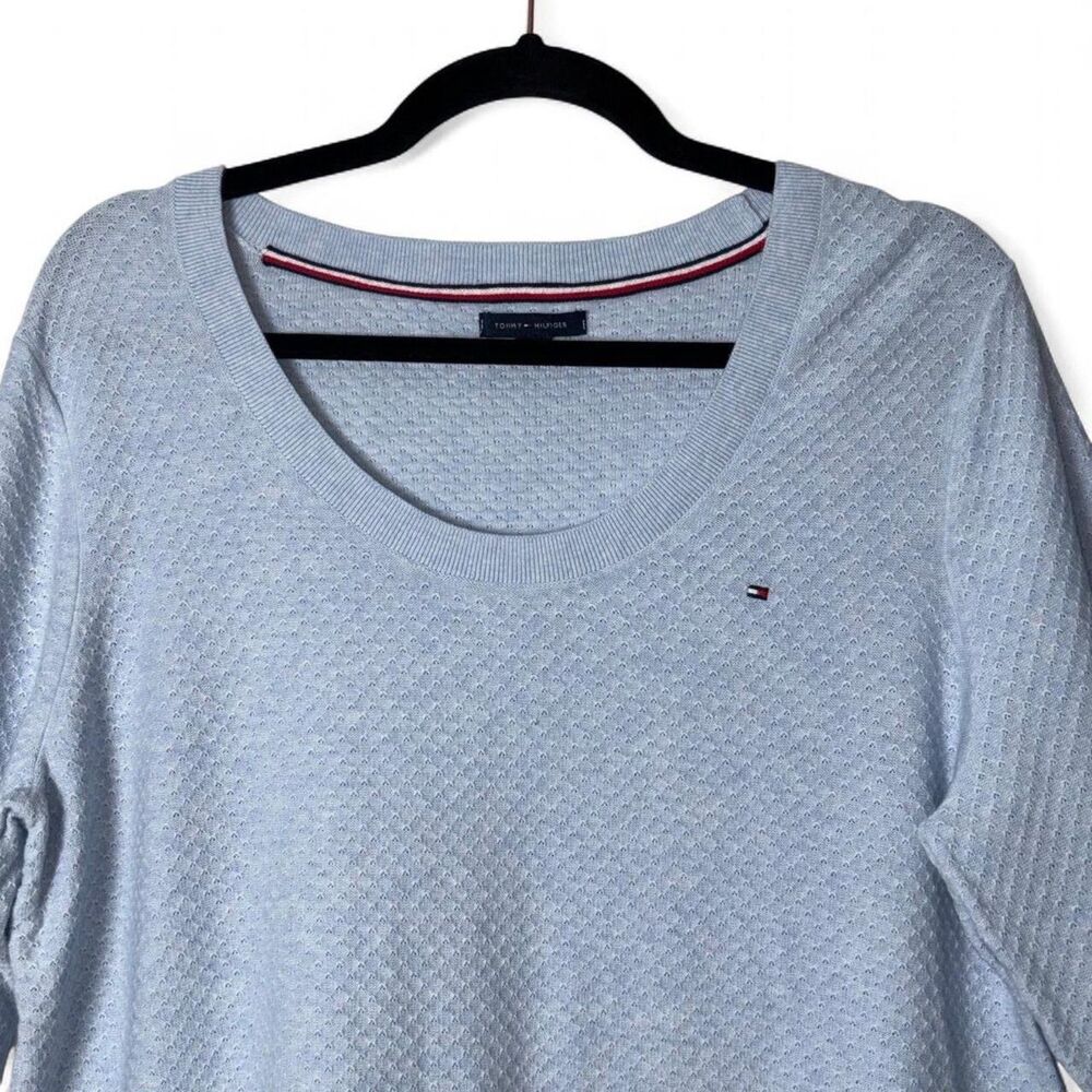 y2K Tommy Hilfiger Baby Blue Waffle Knit Sweater Women's L 100% Cotton - Picture 3 of 8